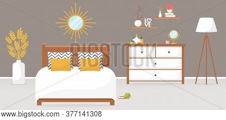 Bedroom Interior. Vector Illustration. Design Of A Trendy Cozy Room With Double Bed, Dresser, Mirror