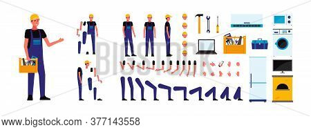 Cartoon Character Animation Kit Of Repairman Flat Vector Illustration Isolated.