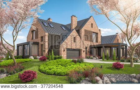 3D Rendering Of Modern Clinker House On The Ponds In Spring