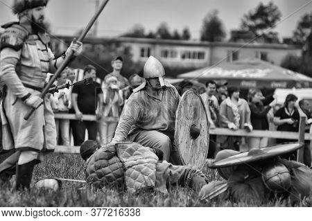 Russia, Staraya Ladoga 23,06,2012 Reenactors With Shields And Spears During The Battle, The Festival