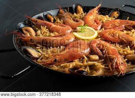 Seafood Noodles Detail Seen Close Up, Macro - Fideua
