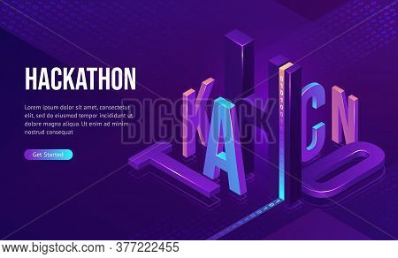 Hackathon Isometric Landing Page. 3d Typography With Binary Code On Purple Neon Colored Background. 