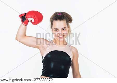 Show Strength. Small Girl Training With Barbells. Sport And Fitness. Teen Girl Hold Dumbbell. Sports