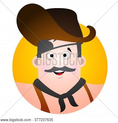 Round Sticker With The Image Of A Fun Pirate In A Cocked Hat And Eye Patch. Cartoon Illustration For