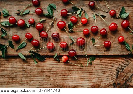Ripe Cherries On A Wooden Windowsill. Cottagecore Aesthetics. Rustic, Vintage Style Juicy Summer Con