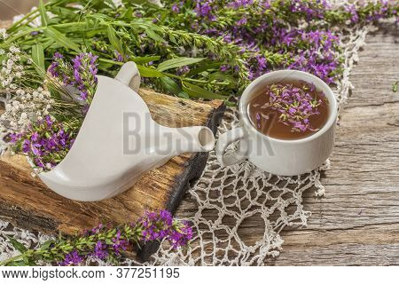 Fireweed Is A Healthy Herbal Tea. Mug Of Traditional Russian Drink Ivan Tea On A Wooden Background W
