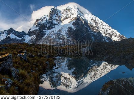 Evening View Of Mount Salkantay Mirroring In Lake, Salkantay Trek In The Way To Machu Picchu, Cuzco 