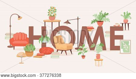 Home Word Banner Design. Cute Modern Home Furniture, And Household Items, Armchair, Sofa, Domestic P