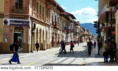 Cuenca, Ecuador - June 18, 2020: View At The Busy Street Gran Colombia At Historic Center Of City Cu