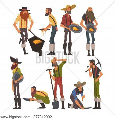 Male Prospectors Characters Set, Bearded Gold Miners Wild West Characters Wearing Vintage Clothes Wi