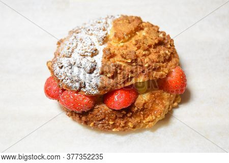 Strawberry Cream Bread On White Background. Food Concept