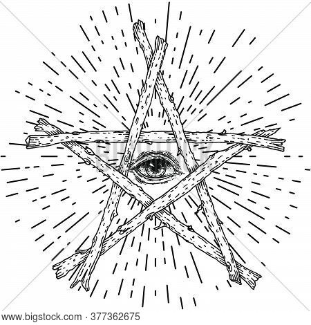 Eye Of Providence, Sacred Masonic Symbol. All Seeing Eye With Rays Of Light Inside The Pentacle. Rel