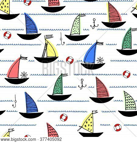 Seamless Pattern With Hand Drawn Sailing Boats, Anchors, Fishhooks, Safety Rings For Surface Design 