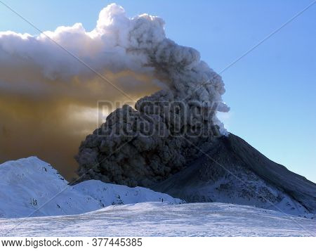 Active Volcano Erupting Lava And Clouds Of Volcanic Ash. Kizimen, Kamchatka Peninsula