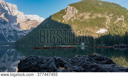 Mountain Landscape With Reflections On The Braies Lake In Val Pusteria, South Tyrol Dolomites