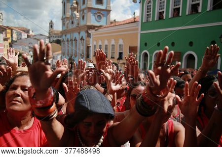 Salvador, Bahia / Brazil - December 4, 2019: Devotees Of Santa Barbara And Candombe Supporters Celeb