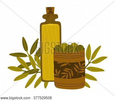 Delicious And Fresh Organic Mediterranean Olives. Olive Tree Branches On The Background. Green Olive