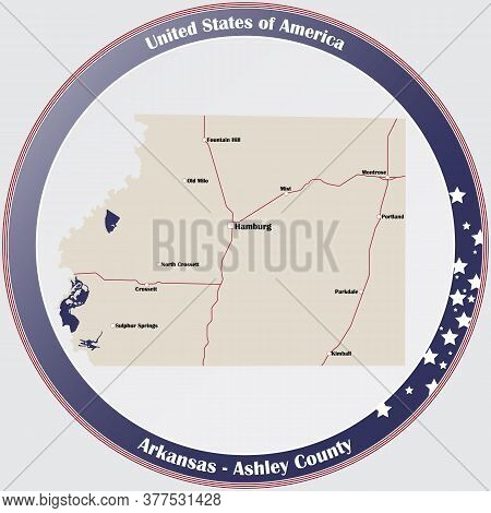 Round Button With Detailed Map Of Ashley County In Arkansas, Usa.