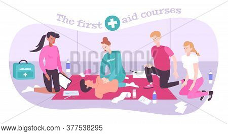 First Aid Training Flat Composition With People On Training With Medical Appliances Cross And Editab