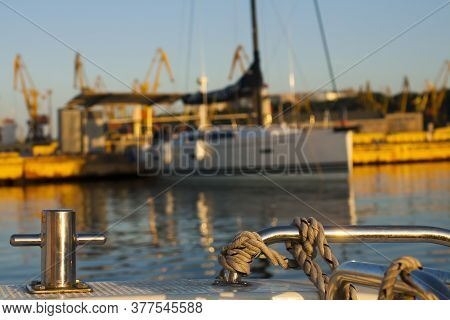 Mooring Of The Ship In Odessa. Mooring Bollard And Mooring Rope.