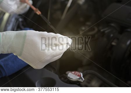 Technician Is Checking The Engine Oil. Check Engine Before Traveling, Close-up.