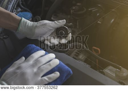 Technician Is Checking Car Radiator, Check Car Before Traveling, Close-up.