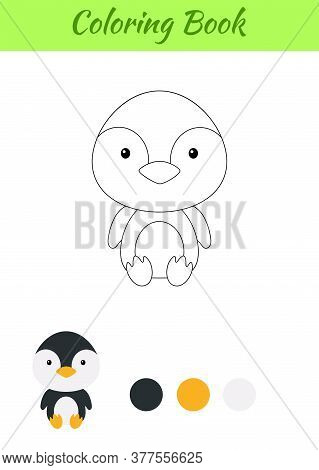 Coloring Page Little Sitting Baby Penguin. Coloring Book For Kids. Educational Activity For Preschoo