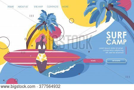 Landing Page For Surf School. Afroamerican Young Girl In A Swimsuit With Surfboard, Palms And Wave. 