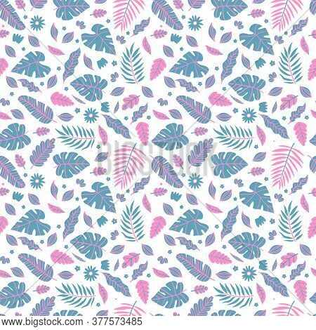 Summer Exotic Floral Tropical Palm, Banana Leaves In Blue And Pink Style. Pattern Vector Seamless On