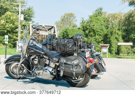 St Louis Usa - September 2 2015; Two Harley Davidson Motorcycles Parked By Chain Of Rocks Bridge Rou