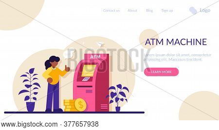 Atm Machine Concept. Man Perform Financial Transactions Using Atm. People Are Waiting Near Atm Machi