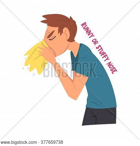 Cold Symptom, Man Suffering From Runny Or Stuffy Nose, Medical Treatment And Healthcare Concept Cart