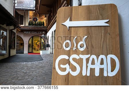 Gstaad, Switzerland - July 16, 2020: A Signboard Directing Visitors To Old Gstaad.