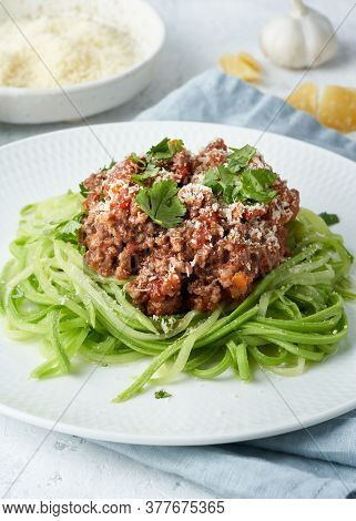 Keto Pasta Bolognese With Mincemeat And Zucchini Noodles, Fodmap, Lchf, Low Carb. Vertical
