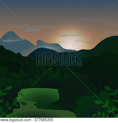Evening Landscape In The Misty Mountains. Image Of An Outdoor Landscape In The Mountains Dark Green 