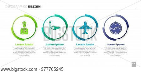 Set Pilot, Cone Meteorology Windsock Wind Vane, Plane And Compass. Business Infographic Template. Ve