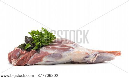 Raw Leg Of Mutton On A Bone On A White Isolated Background. Sheep Meat Close-up.a Fresh Piece Of Mut