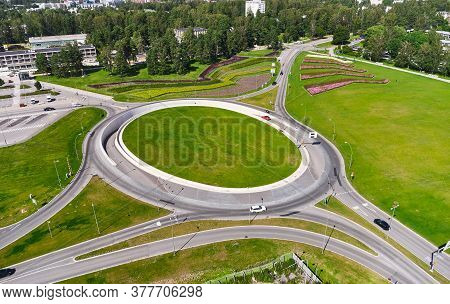 Aerial View Of The Big Roundabout In The Tapiola District Of Espoo, Finland. The Entrance Of Undergr