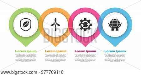 Set Shield With Leaf, Wind Turbine, Gear And Arrows As Workflow And Hands Holding Earth Globe. Busin