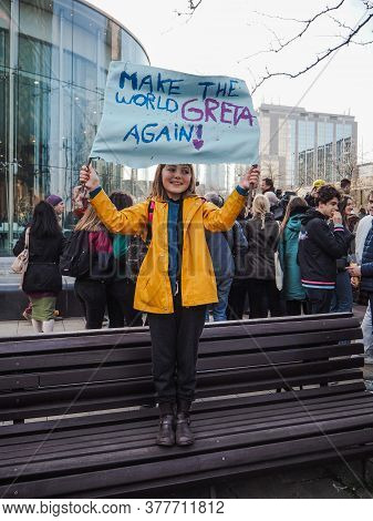 21 February 2019 - Brussels, Belgium: Young Girl Holding A Poster Supporting Greta Thunberg During A