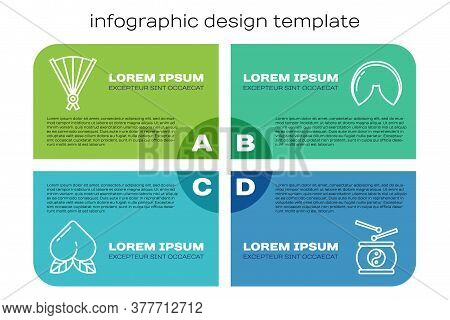 Set Line Peach Fruit, Paper Chinese Folding Fan, Chinese Drum And Chinese Fortune Cookie. Business I