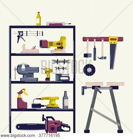 Home Repair And Workroom Illustration. Design In Flat Style