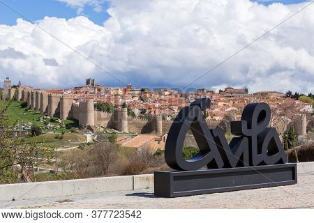 Avila, Spain - June 25, 2019: Avila view from Los cuatro postes (The four post). Castile and Leon, Spain