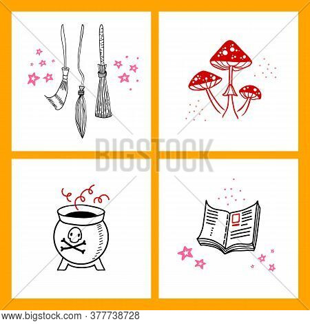Halloween Doodle Collection Of Hand Drawn Icons. Spooky And Fun Doodle Elements For Halloween Decora