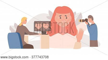Face Recognition, Biometric Identification System Flat Vector Illustration. Man With Photo Camera Ta