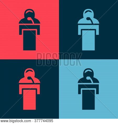 Pop Art Gives Lecture Icon Isolated On Color Background. Stand Near Podium. Speak Into Microphone. T