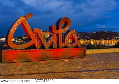 Avila, Spain - June 25, 2019: Avila view from Los cuatro postes (The four post), at night. Castile and Leon, Spain