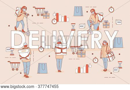 Delivery Word Vector Cartoon Outline Poster Design. People In Medical Masks Deliver Goods Or Food. N