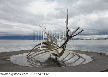 Reykjavik, Iceland - June 27, 2014: Sun Voyager Sculpture Made From Grey Stainless Steel By Jon Gunn