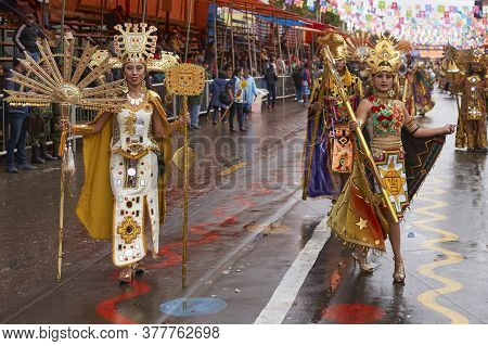 Oruro, Bolivia - February 25, 2017: Dancer Dressed In Ornate Inca Style Costume Parading Through The